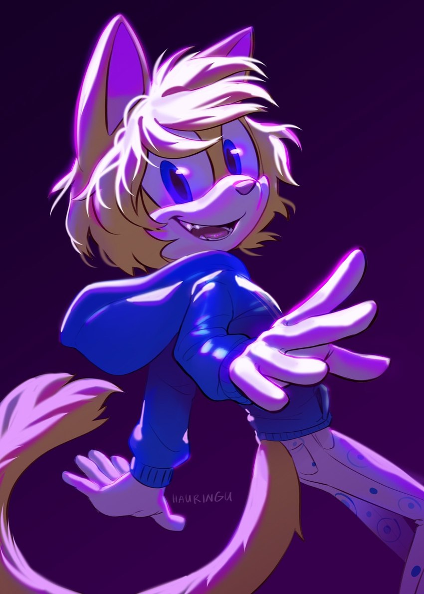 5_fingers anthro blue_eyes clothed clothing fingers hair looking_at_viewer male open_mouth purple_background simple_background teeth tongue hauringu felid feline mammal 2022 digital_media_(artwork) hi_res