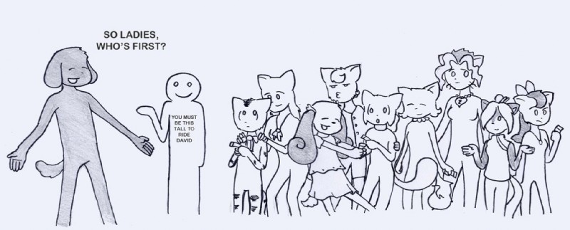 anthro female group humor male silly tail text gnukko bittersweet_candy_bowl daisy_(bcb) david_(bcb) jasmine_(bcb) jessica_(bcb) lucy_(bcb) rachel_(bcb) sandy_(bcb) sue_(bcb) tess_(bcb) canid canine canis domestic_cat domestic_dog felid feline felis khao_manee mammal english_text