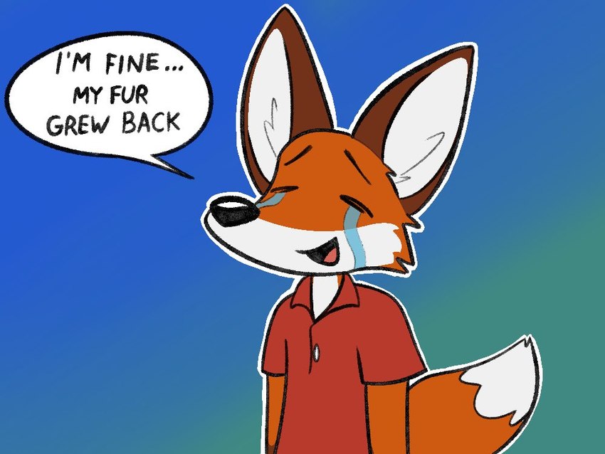 anthro blue_background bodily_fluids brown_body brown_fur clothing crying fur gradient_background green_background male open_mouth orange_body orange_fur polo_shirt red_polo_shirt shirt simple_background solo tears tears_of_joy tongue_showing topwear white_body white_fur geekfox geekfox_(character) canid canine fox mammal 4:3