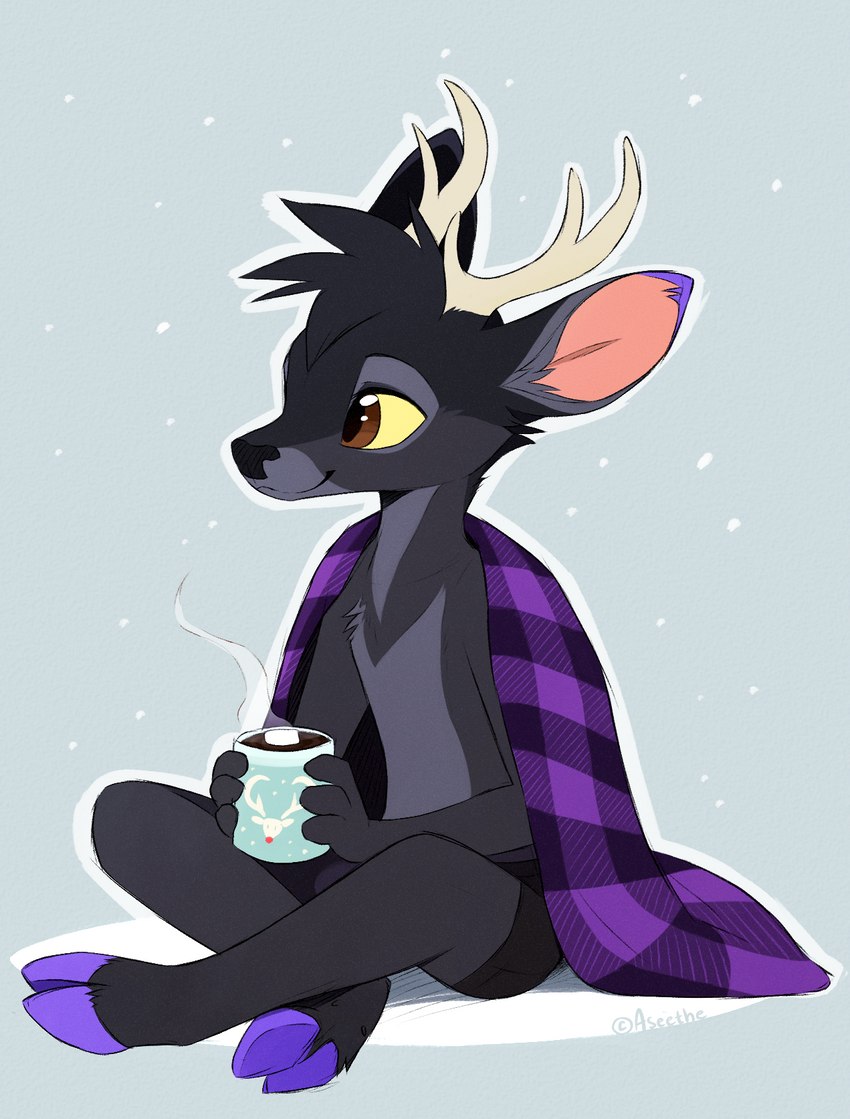 anthro antlers bedding black_body black_fur black_nose blanket container cup fur holding_container holding_cup holding_object hooves horn purple_hooves sitting smile solo aseethe deer mammal 2024 digital_media_(artwork) hi_res signature