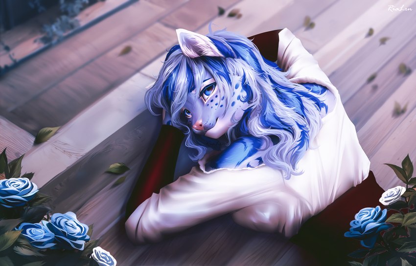 anthro blue_body blue_eyes blue_hair blue_rose blue_spots bracelet clothed clothing detailed_background female flower fur furniture grey_body grey_fur hair heart_eyes heart_symbol inside jewelry long_hair looking_at_viewer looking_back looking_back_at_viewer markings on_table plant rose_(flower) shirt smile solo spots spotted_body spotted_fur table topwear underbust_corset white_body white_fur rrrs microsoft the_elder_scrolls m'ria_(maks_hunt) felid khajiit leopard mammal pantherine snow_leopard hi_res