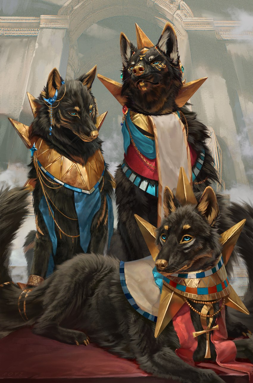 castle egyptian female feral group male rich trio conditional_dnp latex_(artist) canid canine canis domestic_dog mammal wolf hi_res portrait