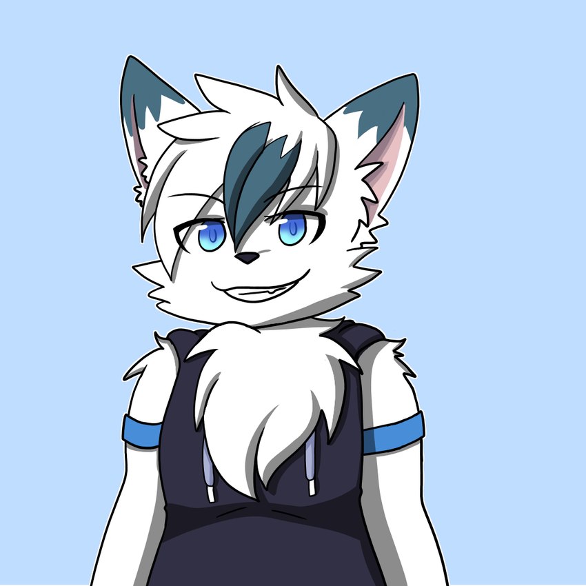 anthro black_nose blue_background blue_eyes chest_tuft clothed clothing dipstick_ears ear_markings fur grin hair male multicolored_ears shirt simple_background smile solo tank_top topwear tuft white_body white_fur fiona_(artist) rush_the_wolf canid canine canis mammal wolf 1:1