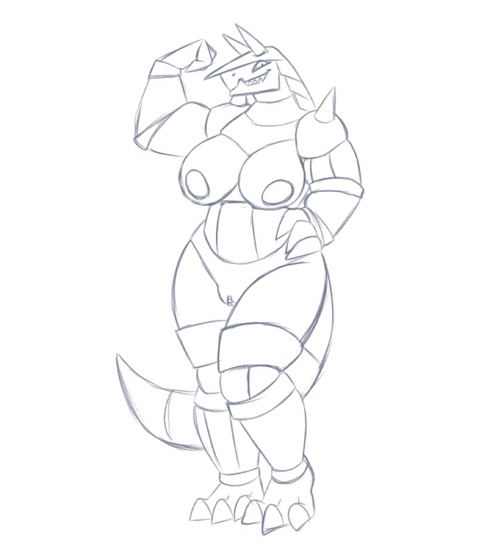 anthro anthrofied breasts curvy_figure female genitals muscular muscular_female nipples non-mammal_breasts pokemorph pussy solo voluptuous ravenpen15 nintendo pokemon aggron generation_3_pokemon pokemon_(species) reptile scalie blue_and_white hi_res monochrome