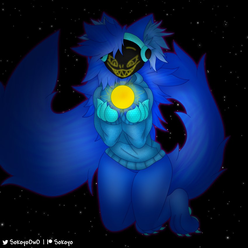 3_toes 4_fingers anthro big_breasts blue_body blue_fur blue_hair bottomless breasts claws clothed clothing cosmic_background evil_face evil_grin feet female fingers floating fluffy fluffy_hair fluffy_tail fur glowing hair holding_object hoodie hoodie_only inner_ear_fluff long_hair long_tail machine macro macro_female macro_focus pawpads paws protogen_visor raised_tail smile solo space space_background star sun tail terra_macro thick_thighs toes topwear topwear_only tuft sokoyo_owo starry_(sokoyo_owo) mammal protogen 1:1 hi_res