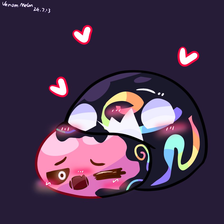 ambiguous_gender black_body blush duo feral goo_transformation happy heart_symbol not_furry pink_body scared_face slime transformation venom_melon slime_rancher goo_creature pink_slime_(slime_rancher) slime_(blob) slime_(slime_rancher) tarr_slime 1:1 hi_res