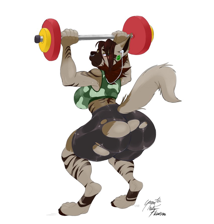 anthro athletic athletic_anthro athletic_female athletic_wear barbell barbell_squats big_breasts big_butt bodily_fluids bottomwear bra breasts brown_body brown_fur brown_hair butt camo camo_print clothing crouching ear_piercing earbuds electronics exercise facial_piercing female fur gauged_ear green_bra green_clothing green_sports_bra green_underwear gym_bottomwear gym_shorts hair headphones huge_butt nose_piercing nose_ring pants piercing rear_view ring_piercing septum_piercing septum_ring shorts simple_background solo spandex spandex_shorts sports_bra squats sweat tight_bottomwear tight_clothing tight_shorts torn_bottomwear torn_clothing torn_pants underwear weightlifting white_background workout lofiflavors yogoat hyena mammal striped_hyena absurd_res artist_collaboration digital_media_(artwork) hi_res