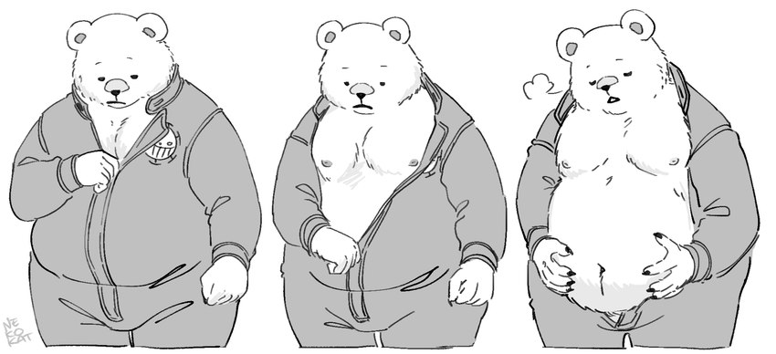 anthro belly breath clothing jumpsuit male moobs navel nipples open_mouth overweight overweight_anthro overweight_male solo unzipped_bodysuit unzipping nekokat42 one_piece bepo_(one_piece) bear mammal polar_bear ursine hi_res monochrome