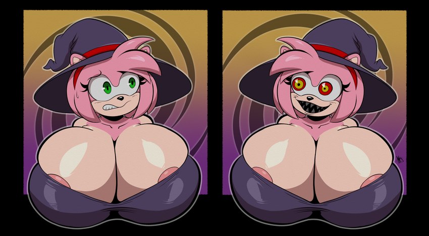 anthro areola areola_slip big_breasts breasts clothing female fur green_eyes hair hat headgear headwear huge_breasts pink_body pink_fur possession red_eyes sharp_teeth solo teeth witch_hat yellow_eyes mrxrickyx sega sonic_the_hedgehog_(series) amy_rose boo_(sonic) eulipotyphlan hedgehog mammal 2024 absurd_res digital_media_(artwork) hi_res