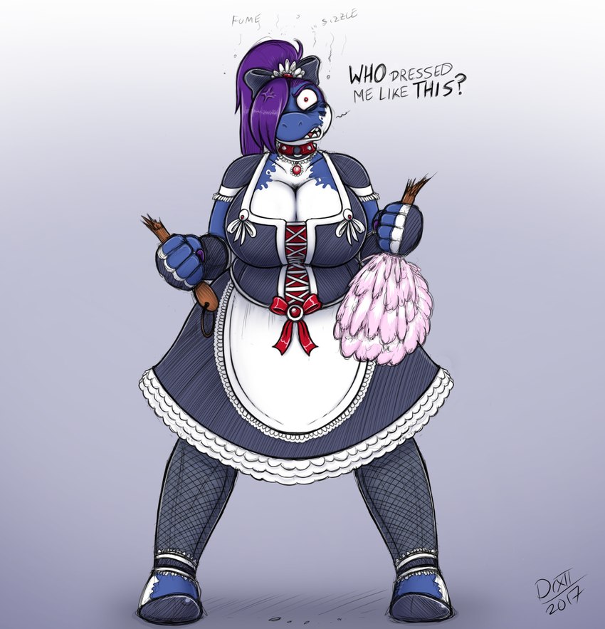 anthro big_breasts breasts cleaning_tool cleavage clothed clothing collar feather_duster female headgear headwear huge_breasts legwear looking_at_viewer maid_uniform non-mammal_breasts simple_background solo stockings topwear uniform drxii sif_(drxii) nushi reptile scalie 2017 digital_media_(artwork) hi_res