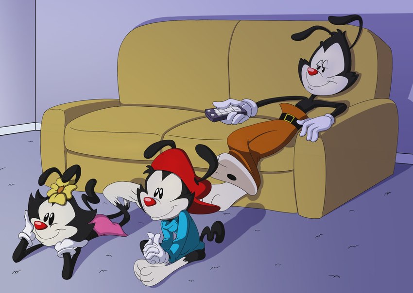 anthro barefoot clothing feet female furniture group male sitting smile sofa trio scottforester17 animaniacs warner_brothers dot_warner wakko_warner yakko_warner inkblot hi_res sibling_(lore)