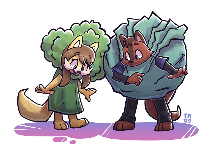 anthro broccoli cabbage clothed clothing costume duo female food food_costume male plant simple_background standing vegetable deadyoung7 canid canine canis fox mammal wolf hi_res