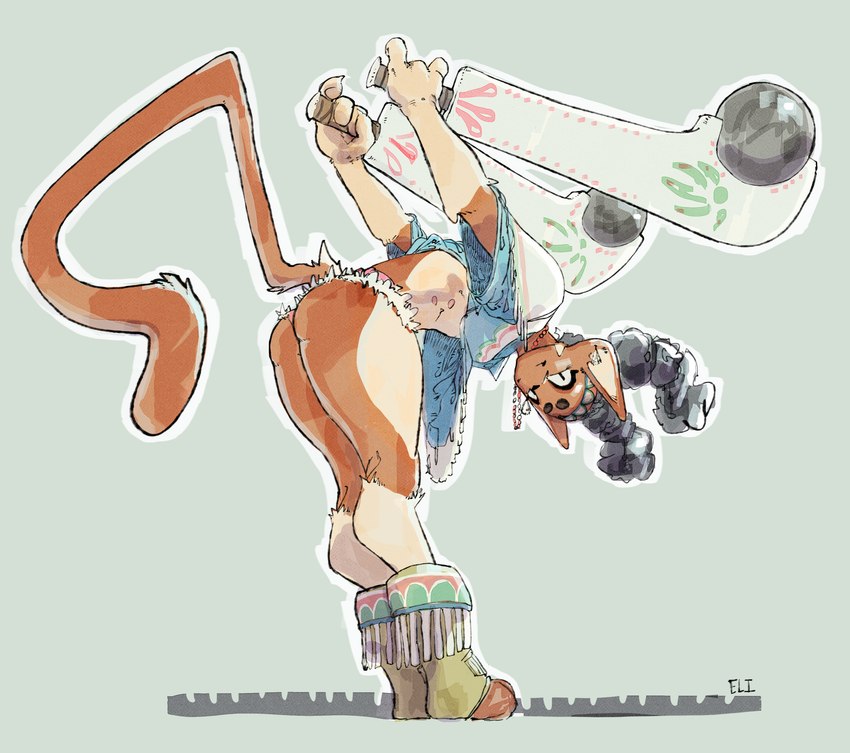 anthro bent_over_with_legs_held_straight bottomwear circle_eyebrows clothing cosplay eyebrows female footwear multi_nipple nipples poncho reverse_grip shoes shorts solo tassels warclub elicazzz capcom street_fighter eli_(elicazz) lily_hawk felid feline mammal hi_res