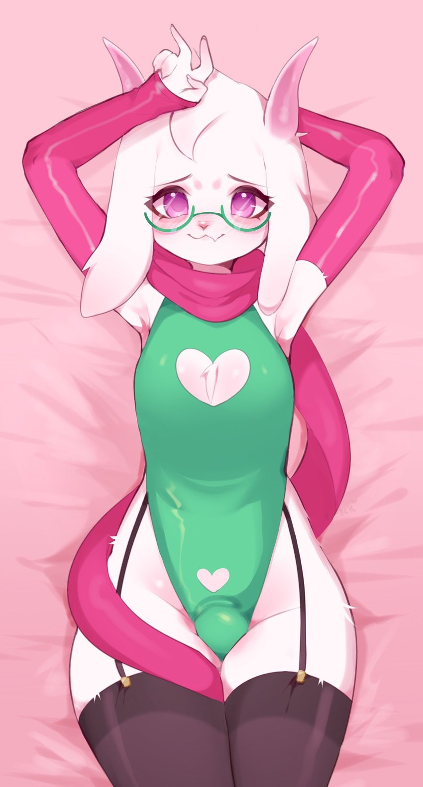 anthro armwear blush bulge clothed clothing dakimakura eyewear femboy fur highleg highleg_leotard legwear leotard looking_at_viewer lying male on_back pink_eyes scarf smile solo thick_thighs thigh_highs tight_clothing white_body white_fur wide_hips fredek666 deltarune undertale_(series) ralsei bovid caprine goat mammal dakimakura_design digital_media_(artwork) hi_res shaded