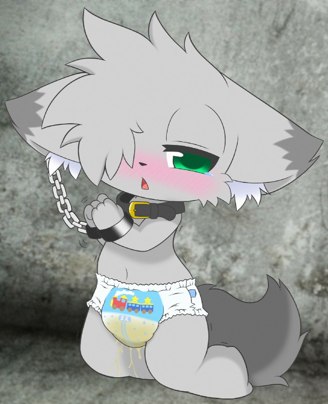 anthro biped blush bodily_fluids bound chain clothing collar diaper fur genital_fluids green_eyes grey_body grey_fur hands_tied kneeling leaking leaking_diaper male navel open_mouth shota solo tears unclean_diaper urine used_diaper wet_diaper wetting young chrono_(pixiv) chrome_(character) canid canine mammal 2019 hi_res