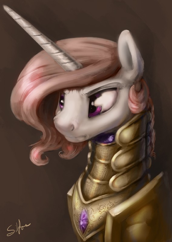 armor braided_hair emerald_(gem) female feral filigree fur gem gold_(metal) gold_armor hair horn pink_hair princess purple_eyes royalty solo white_body white_fur wings silfoe friendship_is_magic hasbro my_little_pony mythology princess_celestia_(mlp) equid equine mammal mythological_creature mythological_equine winged_unicorn 2016 hi_res