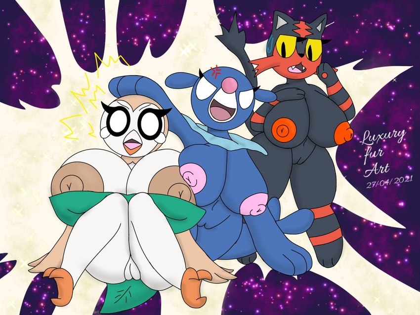 anthro big_breasts breasts female genitals group huge_breasts hyper hyper_breasts nipples nude pussy simple_background thick_thighs luxury_furart nintendo pokemon generation_7_pokemon litten mammal pokemon_(species) popplio rowlet 4:3 digital_media_(artwork)