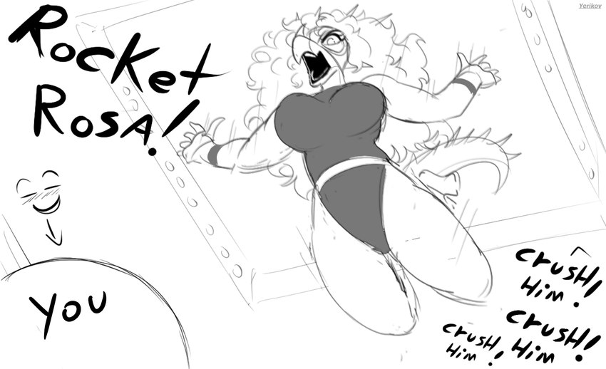 5_fingers anthro big_breasts breasts clothing curvy_figure dialogue duo eyelashes facial_horn female fingers hair head_spikes horn leotard long_hair long_tail lucha_libre_mask mask midair motion_lines nose_horn open_mouth spiked_tail spikes spikes_(anatomy) sports_mask sportswear tail text thick_thighs voluptuous voluptuous_anthro voluptuous_female wrestling wrestling_mask yeik_art cavemanon_studios goodbye_volcano_high snoot_game rosa_(gvh) aquilops ceratopsian dinosaur ornithischian prehistoric_species reptile scalie 2025 english_text hi_res monochrome sketch