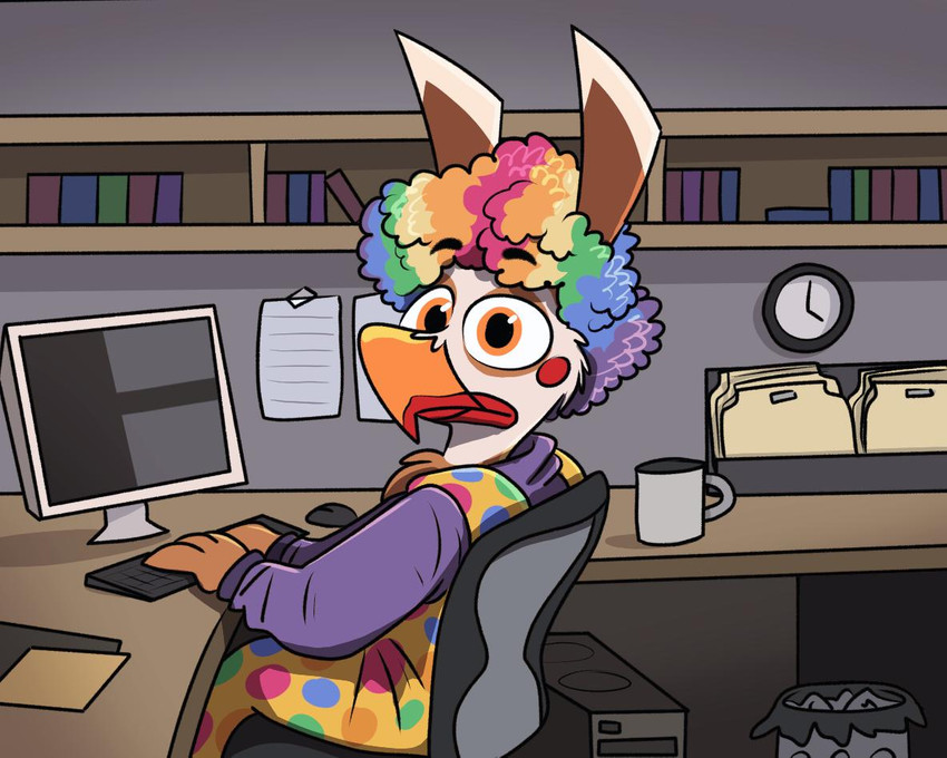 anthro beak biped blush brown_body brown_feathers chair clothed clothing clown clown_paint computer computer_keyboard computer_monitor computer_mouse computer_screen container cup desk electronics feather_hands feathers fully_clothed furniture humor keyboard lipstick looking_at_viewer makeup male monitor office office_chair orange_eyes sitting solo table wig piemations how_y'all_mfs_look pretzel_(piemations) avian bird 2019 digital_media_(artwork) meme