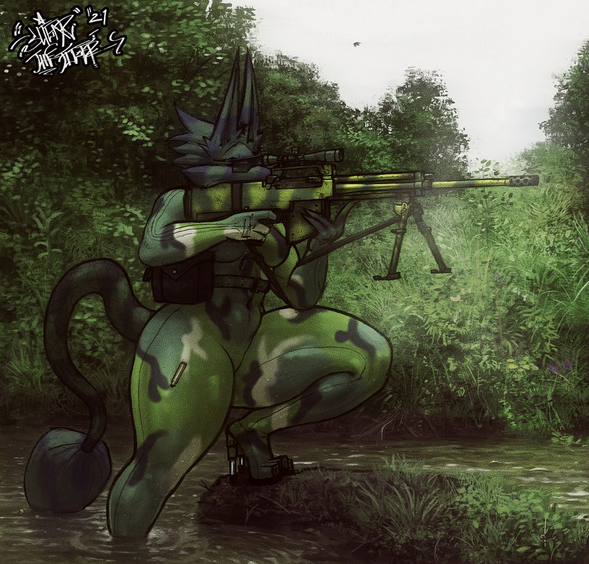 anthro black_body black_fur bodysuit breasts camo camouflaged clothed clothing eyewear female fingers footwear fur gun high_heels outside partially_submerged ranged_weapon rifle shoes skinsuit sniper_rifle solo standing sunglasses swamp thick_thighs tight_clothing water weapon wide_hips sligarthetiger dubmare canid canine canis mammal wolf 2021 hi_res signature