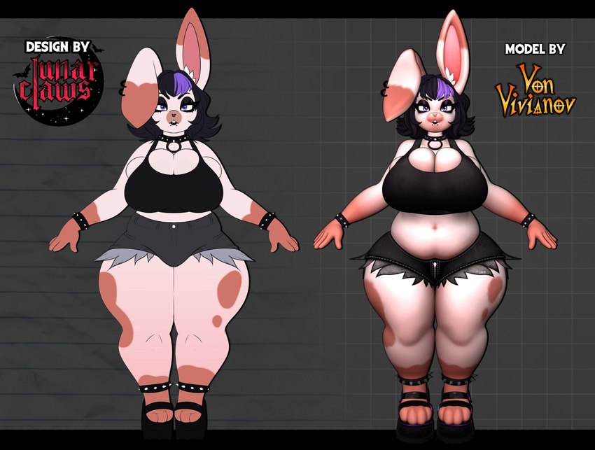 4_toes accessory alternative_fashion anthro belly black_hair boots clothed clothing ear_piercing feet female footwear goth hair paws piercing purple_hair shoes short_hair simple_background skimpy slightly_chubby solo thick_thighs toes torn_clothing lunarclaws vonvivianov blynx_the_bunny lagomorph leporid mammal rabbit 2023 model_sheet