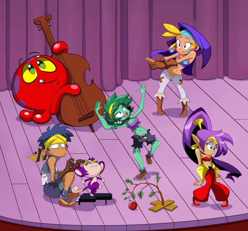 anthro blonde_hair blue_hair breasts clothing ear_piercing ear_ring female footwear green_hair hair humanoid_pointy_ears long_hair male midriff musical_instrument parody piercing pointy_ears ponytail purple_hair ring_piercing square_crossover scottforester17 peanuts_(comic) shantae_(series) wayforward bolo_(shantae) rottytops shantae shantae_(monkey_form) sky_(shantae) squid_baron cephalopod coleoid decapodiform genie human humanoid mammal marine mollusk undead zombie absurd_res hi_res