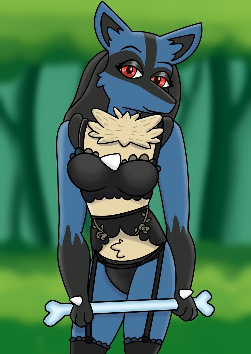 anthro blue_body blue_fur breasts clothing female fur lingerie red_eyes solo donfurro nintendo pokemon canid canine canis generation_4_pokemon lucario mammal pokemon_(species) hi_res