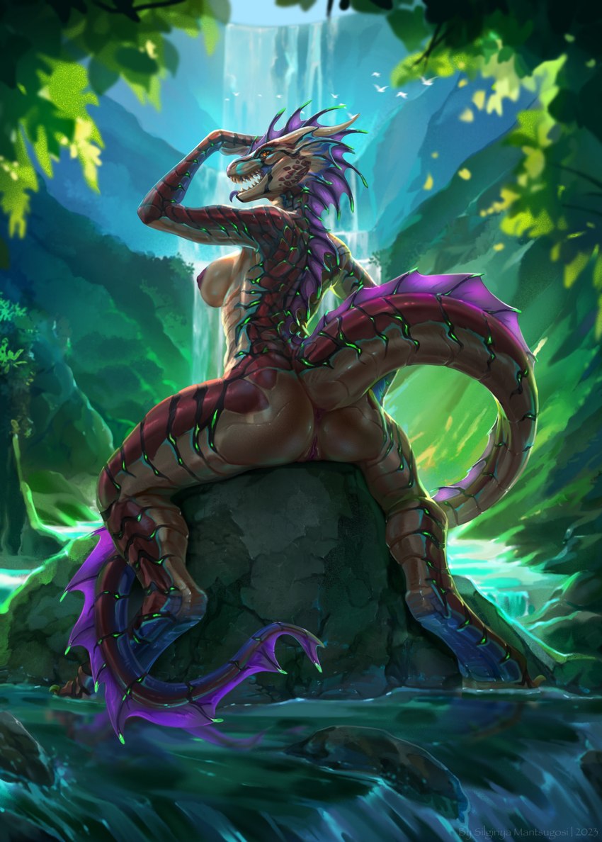 anthro anus breasts butt detailed_background female fin genitals head_fin horn looking_at_viewer looking_back looking_back_at_viewer nipples nude on_rock open_mouth plant pussy rear_view rock sharp_teeth sitting solo tail teeth tongue tongue_out tree water waterfall silgiriya_mantsugosi mythology siatrax dragon mythological_creature mythological_scalie scalie wingless_dragon hi_res