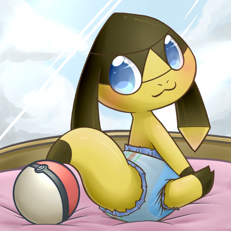 ambiguous_gender bed blue_eyes blush clean_diaper clothed clothing daww diaper diaper_only feral furgonomics furniture looking_back pokeball sitting solo topless wearing_diaper rugia1992 nintendo pokemon generation_6_pokemon helioptile pokemon_(species) 1:1 2013