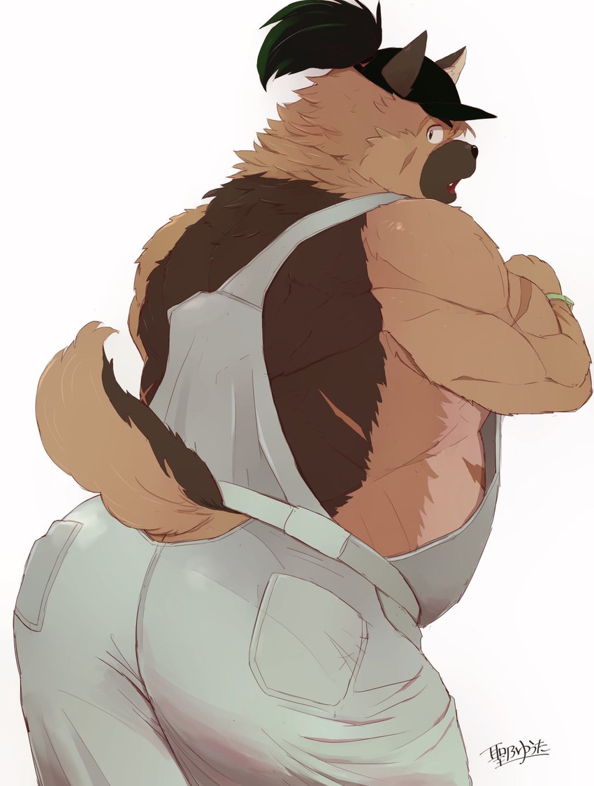 anthro back_muscles belly big_belly brown_body brown_fur butt clothing fur looking_back male musclegut muscular overalls overweight overweight_anthro overweight_male solo hijirinoyuta lifewonders tokyo_afterschool_summoners yasuyori_(tas) canid canine canis domestic_dog mammal hi_res