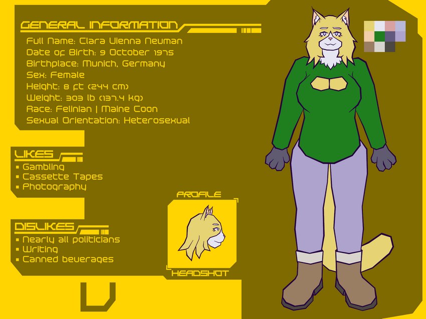 anthro female fur mature_female solo text yellow_body yellow_fur hot_knives v_(hot_knives) domestic_cat felid feline felis maine_coon mammal 4:3 english_text hi_res model_sheet