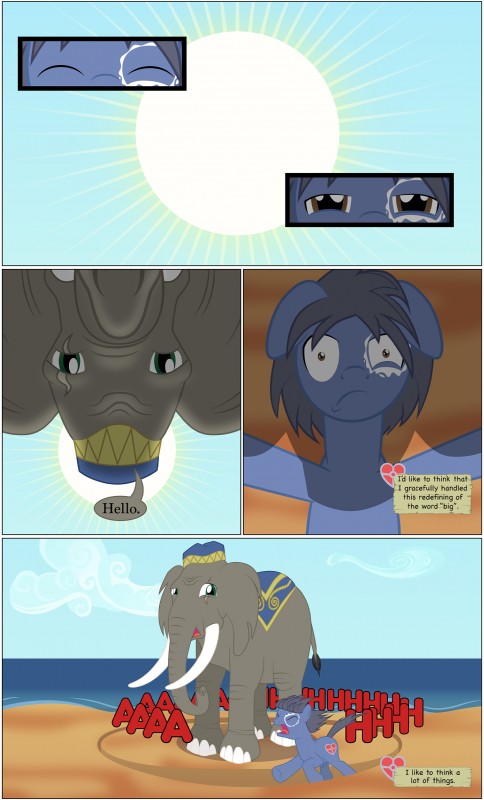 brown_eyes clothing cutie_mark duo eye_scar facial_scar male outside panicking scar sun trunk tusks waking_up mlp-silver-quill hasbro my_little_pony clutterstep_(oc) fan_character imani_(mlp) elephant elephantid equid equine horse mammal pony proboscidean 2015 absurd_res comic digital_media_(artwork) hi_res