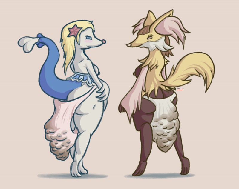 anthro big_butt blonde_hair breasts brown_hair butt clothing duo feces female hair panties pink_clothing pink_panties pink_underwear scatplay soiling soiling_underwear tail underwear white_clothing white_panties white_underwear jubb nintendo pokemon delphox generation_6_pokemon generation_7_pokemon pokemon_(species) primarina shiny_pokemon 2018 signature