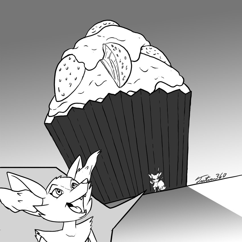 ambiguous_gender anthro cupcake dipstick_tail extreme_size_difference fangs food fur giant_food inner_ear_fluff looking_up markings micro open_mouth poke_puff simple_background size_difference solo stick stick_in_tail tail tail_markings teeth tongue tuft zoom_in zoom_layer tsitra360 nintendo pokemon braixen generation_6_pokemon pokemon_(species) 1:1 digital_media_(artwork) hi_res monochrome signature