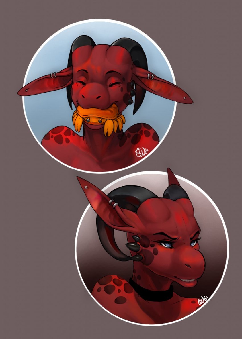 anthro black_horn blue_eyes ear_piercing ear_ring eating female horn markings piercing red_body ring_piercing solo spots spotted_markings shark-dragon mythology necrodrone_(character) demon dragon humanoid mythological_creature mythological_scalie reptile scalie bust_portrait hi_res portrait