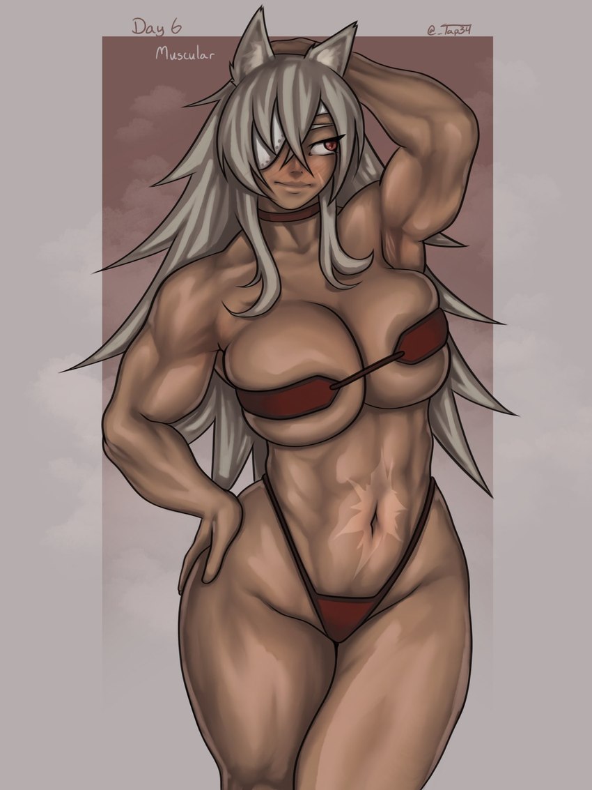 abdominal_scar abs animal_ears big_breasts bikini blush blush_lines breasts brown_background choker clothing dark_body dark_skin eye_patch eyelashes eyewear female front_view fur grey_background grey_body grey_fur grey_hair hair hand_behind_head huge_breasts jewelry long_hair muscular muscular_female navel necklace pupils red_bikini red_clothing red_eyes red_swimwear scar simple_background slit_pupils solo swimwear thick_thighs two-piece_swimsuit wide_hips tap34 mushoku_tensei ghislaine_dedoldia animal_humanoid cat_humanoid felid felid_humanoid feline feline_humanoid humanoid mammal mammal_humanoid 3:4 hi_res