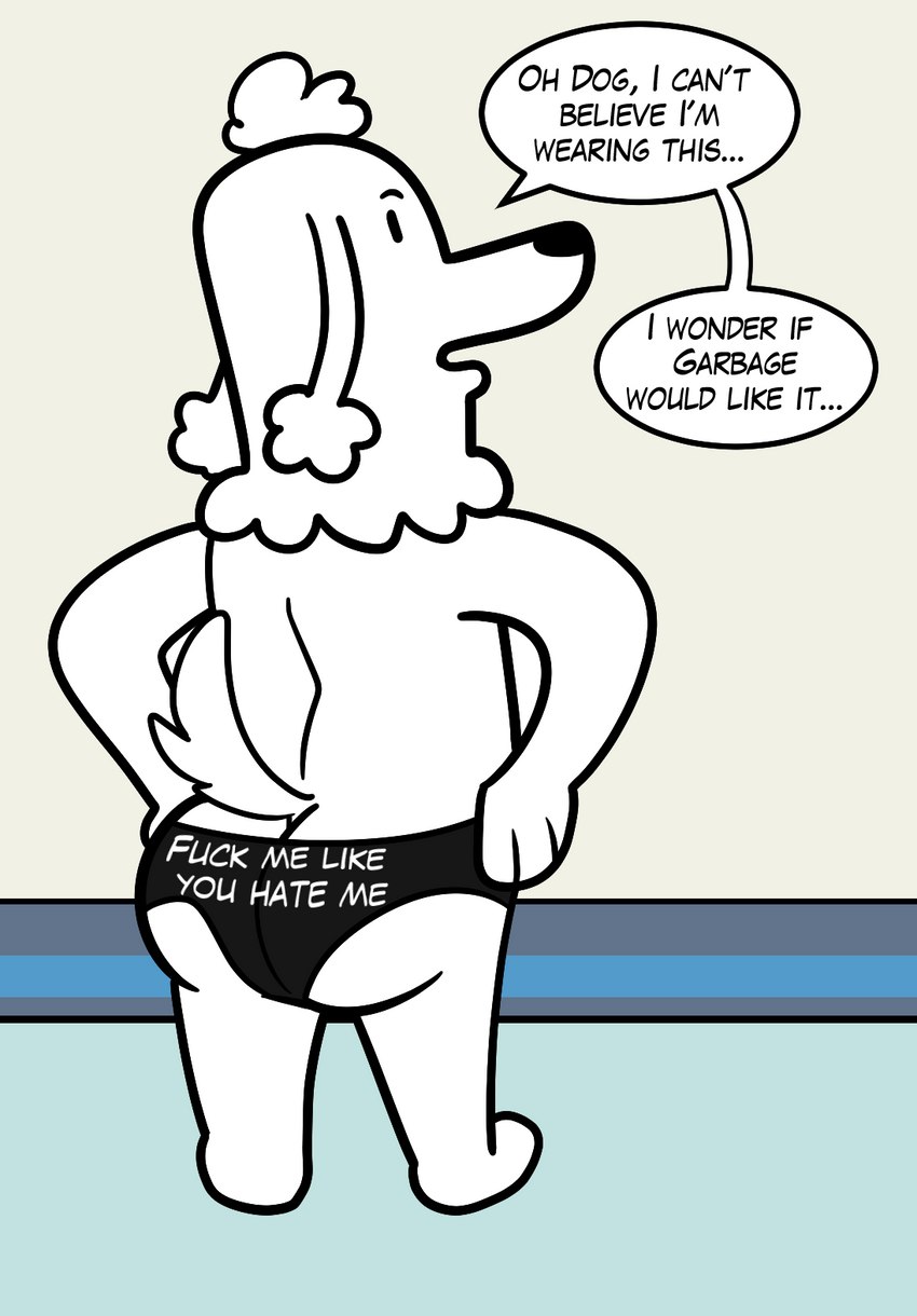 anthro clothing dialogue dirty_talk male open_mouth presenting profanity solo space speech_bubble text underwear grolarbearsins dogs_in_space happy_(dogs_in_space) canid canine canis domestic_dog mammal poodle english_text hi_res