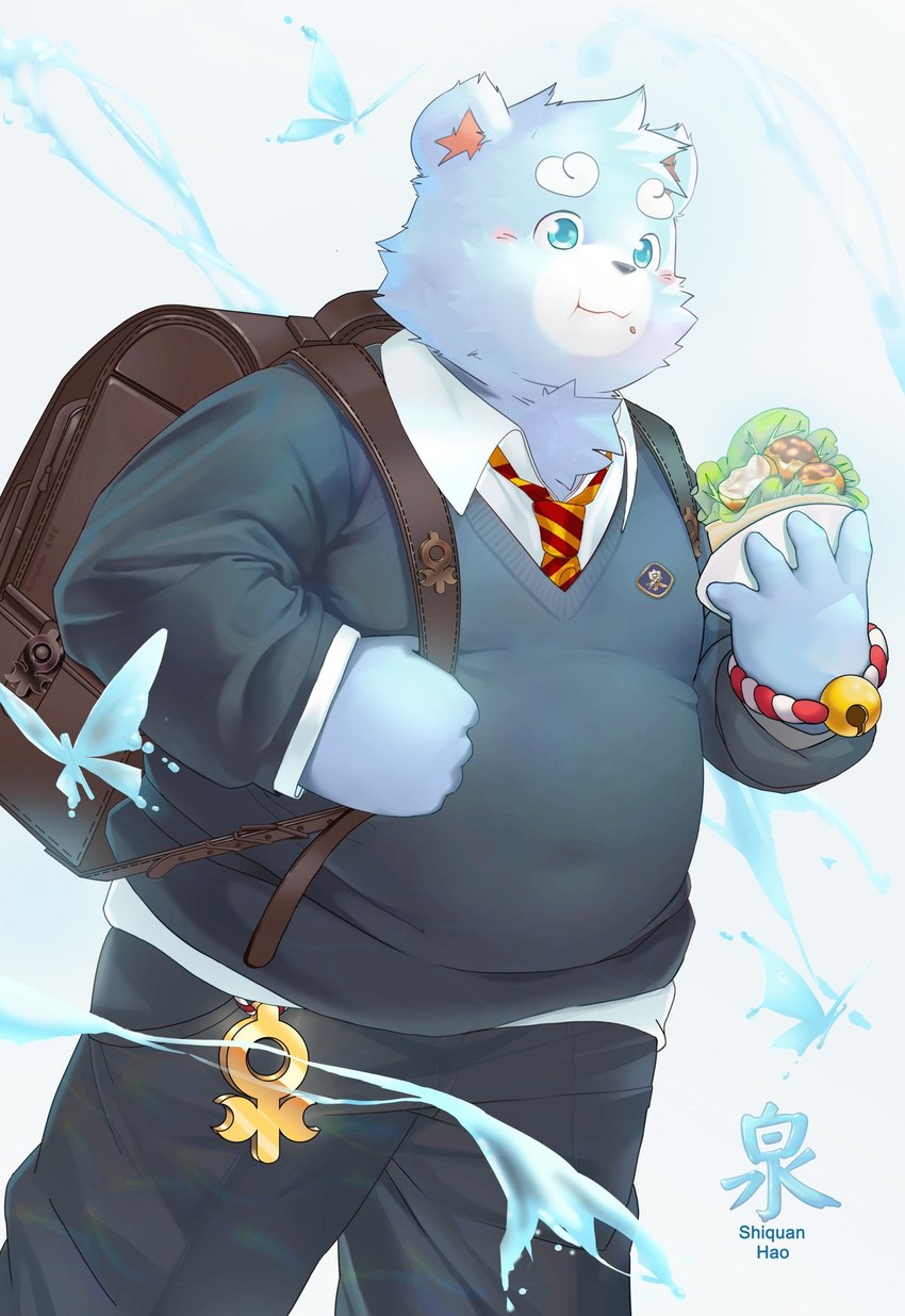 anthro backpack belly blue_body blue_eyes blue_fur blush bottomwear clothing food fur humanoid_hands kemono male necktie overweight overweight_male pants shirt solo topwear water white_body white_fur dogseden bonasiah full_attack sophring_hao bear mammal 2021 hi_res