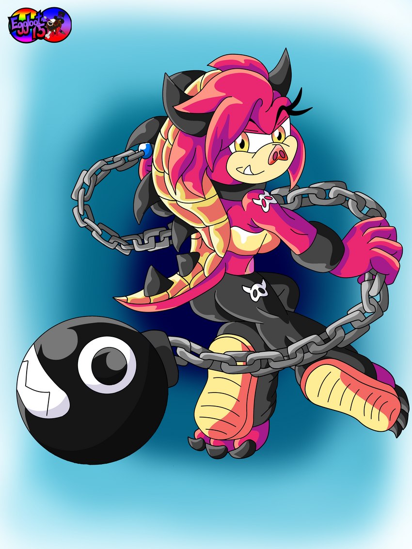 anthro chain claws clothing feet female female_anthro fur gold_(metal) hair horn muscular pink_body pink_fur pink_hair pink_nose sharp_teeth smile solo spiked_tail spikes spikes_(anatomy) tail teeth toes wrecking_ball yellow_eyes eggbot15 bowser's_inside_story mario_and_luigi_(series) mario_bros nintendo sega sonic_the_hedgehog_(series) drifa_(eggbot15) fan_character armadillo chain_chomp hybrid mammal suid suina warthog xenarthran 3:4 absurd_res digital_media_(artwork) hi_res