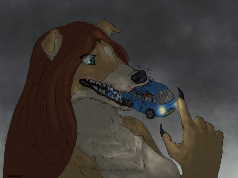 anthro blood bodily_fluids car chewing extreme_size_difference eye_through_hair female gore group hair hard_vore inside_car inside_vehicle macro motion_lines object_vore oral_vore sharp_teeth size_difference teeth translucent translucent_hair vehicle vehicle_ingestion vore slimytongues sofia_fluttertail border_collie canid canine canis collie domestic_dog herding_dog mammal pastoral_dog rough_collie sheepdog 4:3