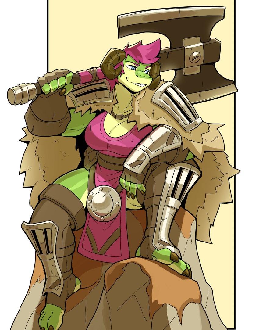 5_fingers anthro armor big_breasts blue_eyes bottomwear breasts cape cleavage clothed clothing female fingers gloves greataxe greaves green_body green_scales hair handwear leotard loincloth mohawk pauldron pink_hair scales sitting solo stirrup_footwear vambrace weapon_over_shoulder ceehaz mythology luca_(spicybara) dragon fish hybrid marine mythological_creature mythological_scalie scalie shark 2023 hi_res