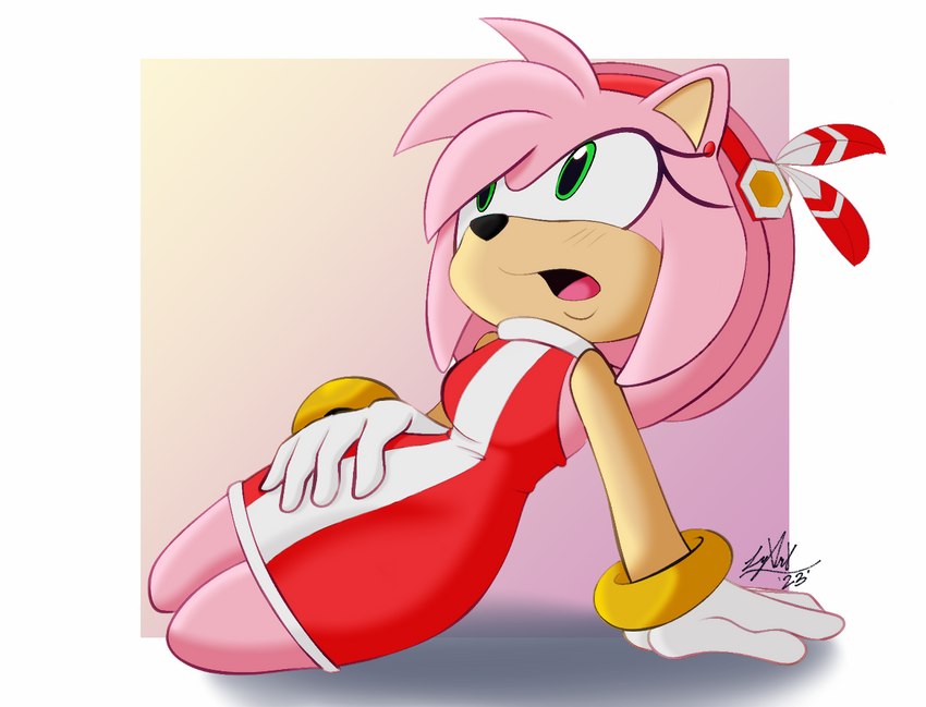 accessory anthro badge bracelet clothed clothing dress ear_piercing ear_ring feathers female gloves gradient_background green_eyes hand_on_hip handwear headband jewelry looking_up open_mouth piercing pink_body ring_piercing simple_background sitting sitting_on_ground solo white_clothing white_gloves white_handwear leylahshan sega sonic_the_hedgehog_(series) amy_rose eulipotyphlan hedgehog mammal 2023 artist_name colored digital_drawing_(artwork) digital_media_(artwork) shaded signature