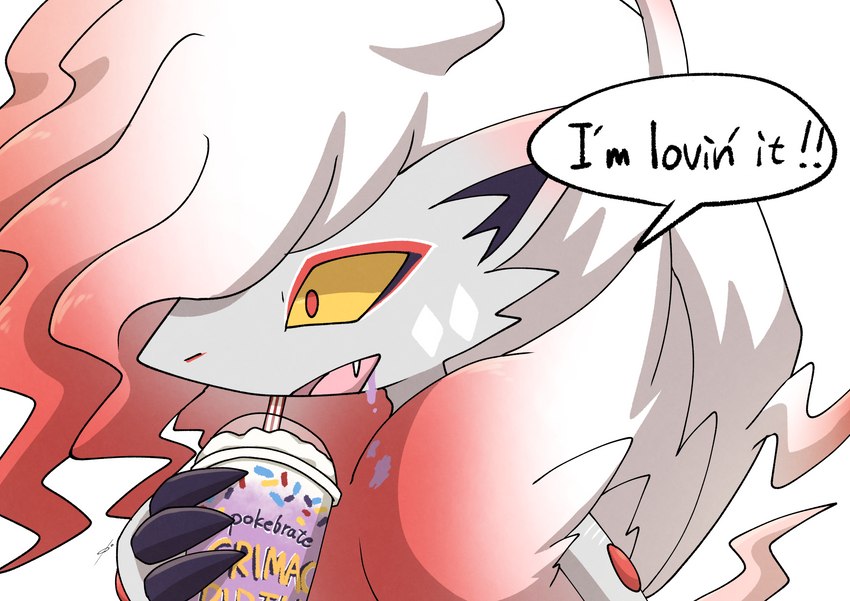 ambiguous_gender anthro beverage claws container cup dialogue eyeshadow fur grey_body grey_fur hair humor makeup milkshake open_mouth red_eyes red_eyeshadow red_hair simple_background solo speech_bubble text tuft white_background white_body white_fur white_hair yellow_sclera rocking_jjj grimace_shake mcdonald's nintendo pokemon generation_8_pokemon hisuian_form hisuian_zoroark pokemon_(species) regional_form_(pokemon) absurd_res english_text hi_res meme