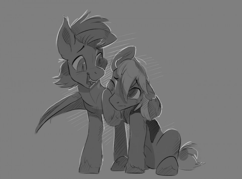 duo female feral fur grey_background hair hooves male nude open_mouth simple_background smile teeth lulemt hasbro my_little_pony fan_character bat_pony equid mammal greyscale monochrome