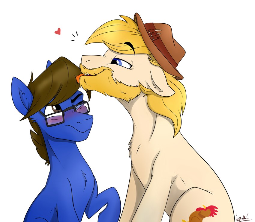 beard clothing duo eyewear eyewear_only facial_hair feral glasses glasses_only hat hat_only headgear headgear_only headwear headwear_only heart_symbol licking male male/male mostly_nude nude tongue tongue_out wearing_glasses rutkotka hasbro my_little_pony chase_(mlp) fan_character draft_horse earth_pony equid equine horse mammal pony hi_res