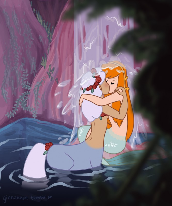 accessory clothed clothing convenient_censorship duo eyes_closed female female/female flower flower_in_hair hair hair_accessory hug interspecies kissing monster_girl_(genre) orange_hair partially_submerged plant red_hair rose_(flower) side_view split_form topless water waterfall white_hair ginnabean disney european_mythology fantasia greek_mythology mythology animal_humanoid centaur equid equid_taur humanoid humanoid_taur mammal mammal_taur marine merfolk taur hi_res