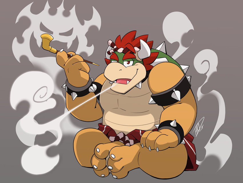 anthro armband bracelet collar hair horn jewelry male red_hair shell sitting smoke smoking smoking_pipe solo spiked_armband spiked_bracelet spiked_collar spiked_shell spikes spikes_(anatomy) hikazedragon mario_bros nintendo bowser koopa scalie hi_res