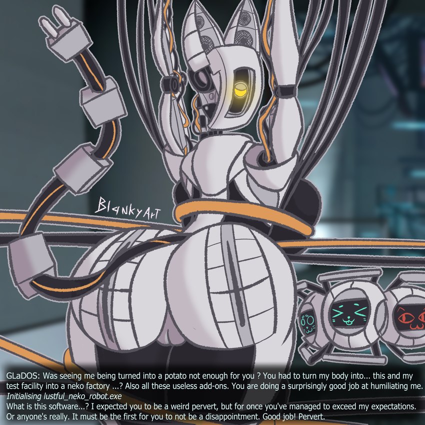 >w< anthro bdsm big_breasts big_butt bondage bound breasts butt dialogue electrical_plug_tail female genitals machine metallic_body owo pussy raised_arms rear_view solo tail text unimpressed wire blankyart portal_(series) valve glados humanoid robot robot_humanoid 1:1 2024 digital_media_(artwork) english_text hi_res signature