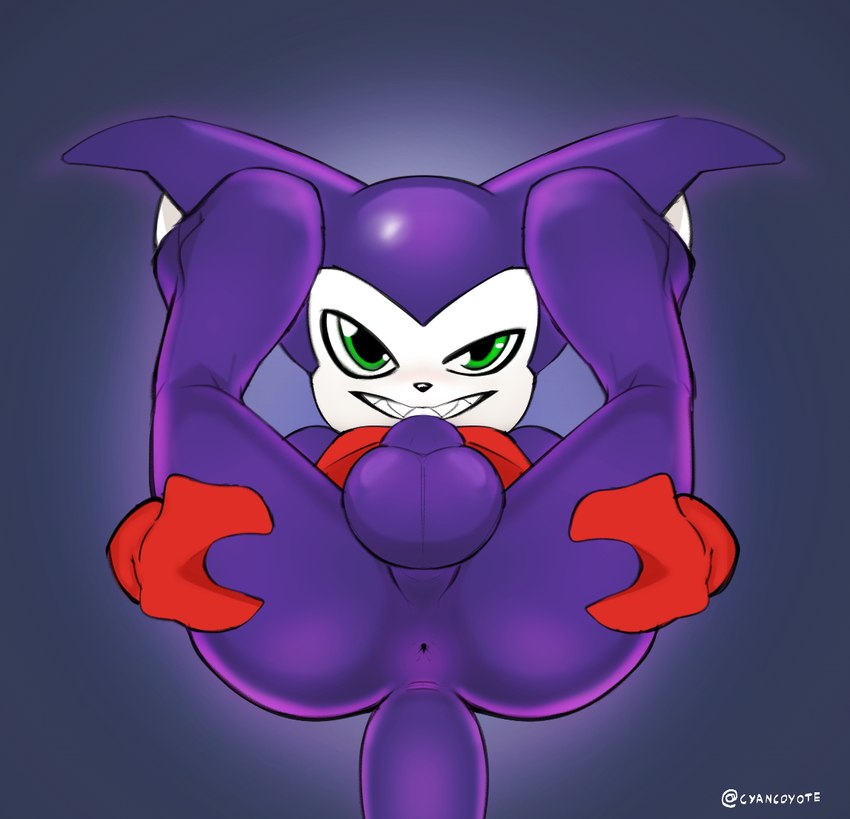 anus balls butt genitals green_eyes grin looking_at_viewer lying male nude on_back presenting presenting_hindquarters purple_body smile solo spread_butt spreading teeth cyancoyote bandai_namco digimon digimon_(species) humanoid impmon