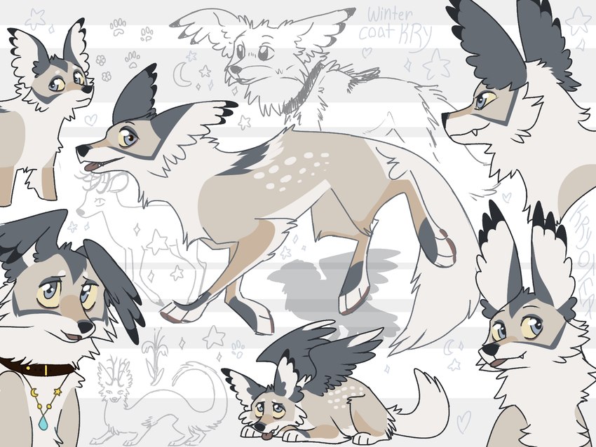 antlers blep blue_eyes collar crescent_moon feathered_ears flower heart_symbol horn moon plant silhouette snaggle_tooth solo star tongue tongue_out wings yellow_sclera kryotea mythology avian bird canid canine canis coyote deer dragon mammal mythological_creature mythological_scalie scalie 4:3 colored_sketch hi_res sketch sketch_page